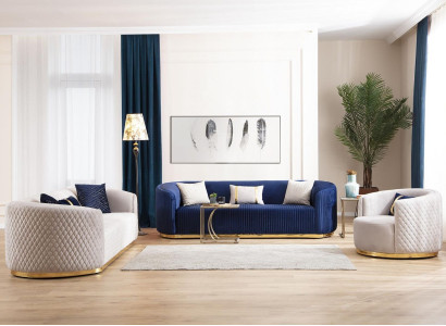 Sofa set three-seater armchair stainless steel furniture fabric seater blue 3+3+1